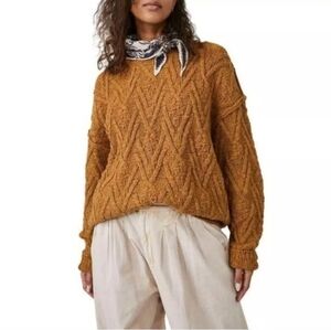 Free People Chunky Cable Knit Sweater Women’s Large Mustard Crewneck Cotton